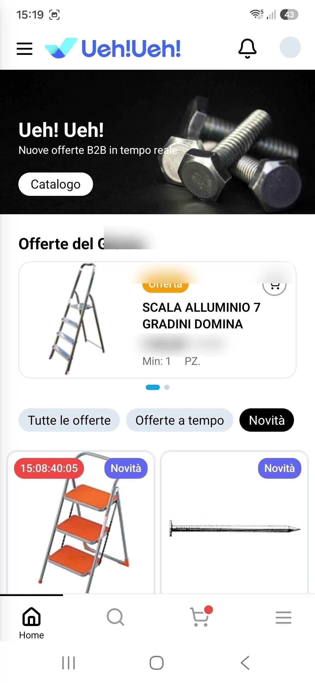 Schermata home dell'app Ueh! Ueh! B2B Store con offerte in tempo reale